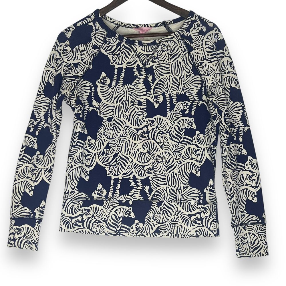 Lilly Pulitzer Top I Heard You Sweatshirt Navy Blue White Zebra XS Flawed